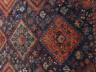 Khamseh main carpet. Size 7’3”x 13’4 very good condition, even wear, one small repair on corner. Supple handle.               