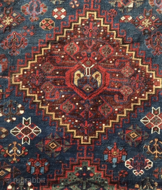 Khamseh main carpet. Size 7’3”x 13’4 very good condition, even wear, one small repair on corner. Supple handle.               