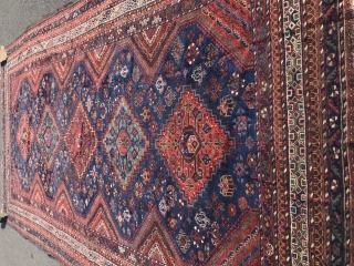 Khamseh main carpet. Size 7’3”x 13’4 very good condition, even wear, one small repair on corner. Supple handle.               