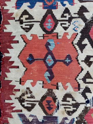 A great Anatolian kilim fragment with great colors and age. About 90 x 40cm.                   