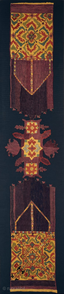 A remarkable Moroccan embroidery. Silk on cotton. cm 33 x 162. Conserved and mounted on a rigid panel.               