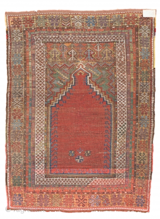 Lot 14, Mudjur Prayer Rug, 5 ft. 1 in. x 3 ft. 10 in., Turkey, ca. 1870, condition: good, ends restored, some repairs and reweavings, Warp: wool, weft: wool, pile: wool, Provenance:  ...