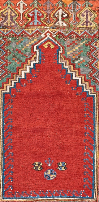 Lot 14, Mudjur Prayer Rug, 5 ft. 1 in. x 3 ft. 10 in., Turkey, ca. 1870, condition: good, ends restored, some repairs and reweavings, Warp: wool, weft: wool, pile: wool, Provenance:  ...