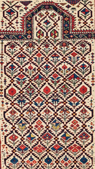 Lot 6, Daghestan Prayer Rug,
4 ft. 9 in. x 3 ft. 8 in.,
Caucasus, second half 19th century,
Condition: very good, minor signs of use,
Warp: wool, weft: cotton, pile: wool,
Provenance: Theo Häberli private collection,  ...