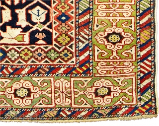 Lot 78, Konakent, 4 ft. 3 in. x 3 ft. 3 in., Caucasus, dated 1295 (1879), Condition: good, few small repairs, Warp: wool, weft: cotton, pile: wool, 
Provenance: European private collection, Starting  ...