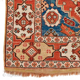 Lot 41, Transylvanian Rug with Cartouche Border, 5 ft. 7 in. x 4 ft. 2 in., 
Turkey, late 17th century, Condition: good according to age, pile partly low, some old repairs, dark  ...