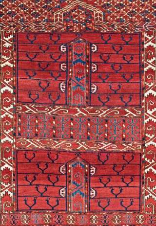 Lot 53, Tekke Ensi, 5 ft. x 3 ft. 8 in., Turkmenistan, early 19th century
Condition: good, both ends slightly incomplete, few small repairs, Warp: wool, weft: wool, pile: wool, Provenance: German private  ...