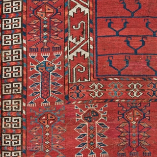 Lot 53, Tekke Ensi, 5 ft. x 3 ft. 8 in., Turkmenistan, early 19th century
Condition: good, both ends slightly incomplete, few small repairs, Warp: wool, weft: wool, pile: wool, Provenance: German private  ...