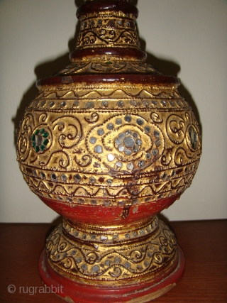 An extremely rare, well preserved, Mid19thCentury Lacquered Gold-gilt Water Vessel with Cup Cover. 
Used in Royal Households during the Konbaung Dynasty (c.1752-1887)/ Mandalay Period.
Approx. Dimensions: Height:17in (44cm) Circumference:22in (56cm).
Materials used: Woven Bamboo;  ...