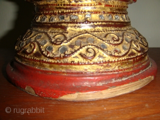An extremely rare, well preserved, Mid19thCentury Lacquered Gold-gilt Water Vessel with Cup Cover. 
Used in Royal Households during the Konbaung Dynasty (c.1752-1887)/ Mandalay Period.
Approx. Dimensions: Height:17in (44cm) Circumference:22in (56cm).
Materials used: Woven Bamboo;  ...