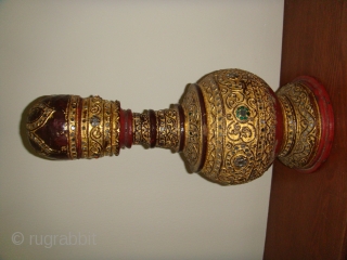 An extremely rare, well preserved, Mid19thCentury Lacquered Gold-gilt Water Vessel with Cup Cover. 
Used in Royal Households during the Konbaung Dynasty (c.1752-1887)/ Mandalay Period.
Approx. Dimensions: Height:17in (44cm) Circumference:22in (56cm).
Materials used: Woven Bamboo;  ...