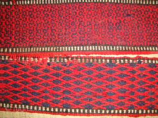 Early 20th Century, Wool, Turkmen Tentband (likely Tekke) with Wooden Wishbone-shaped Fastener. Colour: Deep Red and Black. 
Strap Length (without Rope Fastener): Approx. 997cm ; Strap Width: Approx. 09cm.
Rope Fastener Length (one  ...