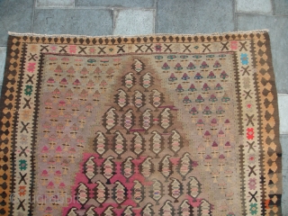 Early 1960's Persian, Kurdi Kilim from Zarand village. Wool on Cotton. Slit-weave technique. Some chemical dyes.
Size: Approx.103cm x 172cm.              