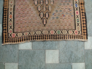 Early 1960's Persian, Kurdi Kilim from Zarand village. Wool on Cotton. Slit-weave technique. Some chemical dyes.
Size: Approx.103cm x 172cm.              