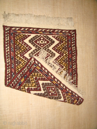 Rare, mid-20th Century Turkmen "Doruye", Double-sided Pile-embossed Flatweave. Design features stylized multi-pointed "Star" motif with "evil-eye" center. This symbol is usually associated with preventing ill-luck. The overall "Zig-Zag" pattern depicts "Flowing Water".  ...