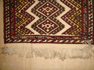 Rare, mid-20th Century Turkmen "Doruye", Double-sided Pile-embossed Flatweave. Design features stylized multi-pointed "Star" motif with "evil-eye" center. This symbol is usually associated with preventing ill-luck. The overall "Zig-Zag" pattern depicts "Flowing Water".  ...