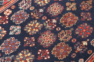 Antique Qashqai mihrab rug with flowering plant and star-shaped blossom motifs on a midnight blue ground, probably Shekarlu tribe. ~1890-1900. 107x195cm (3'6"x6'4"). Good overall condition, some repairs, original finishes all around. All  ...