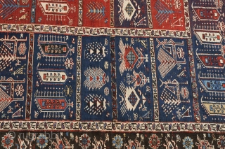Antique Caucasian Khyzy Qushlu Zili, ~1900, 200x250cm (6'6"x8'2"). A finely embroidered flatweave with individual squared panels each containing rich tribal iconography such as abstract fan-tailed birds, alternated rows of stylised botehs, mythical  ...