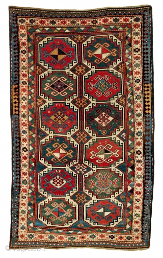 Antique Karabagh rug with "Memling" Guls, Kalbajar district (Javanshir uyezd), Western Karabagh, Azerbaijan. c 1880-1890. Size: 140x235cm (4'7"x7'8"). Condition: full and original pile condition, center of the field has relatively lower pile.  ...