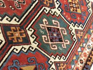 Antique Karabagh rug with "Memling" Guls, Kalbajar district (Javanshir uyezd), Western Karabagh, Azerbaijan. c 1880-1890. Size: 140x235cm (4'7"x7'8"). Condition: full and original pile condition, center of the field has relatively lower pile.  ...