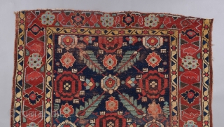 Kurdish serrated leaf lattice rug. A very early one of it's type in a rare size. Relatively restrained yet gorgeous color palette. All original in challenged condition, but the beauty remains !!  ...