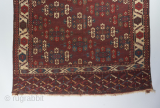 A really beautiful Yomut main carpet with a crisp clear color palette and a fine weave. Has one repair in the middle as visible. Otherwise all original with good pile. Mid 19th  ...