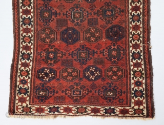 Fine Baluch rug with Kurbaghe gols and an interesting white ground border. 5'4" x 2'11".

Please visit our website for more collectible woven art : www.bbolour.com        