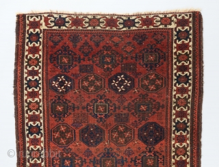 Fine Baluch rug with Kurbaghe gols and an interesting white ground border. 5'4" x 2'11".

Please visit our website for more collectible woven art : www.bbolour.com        