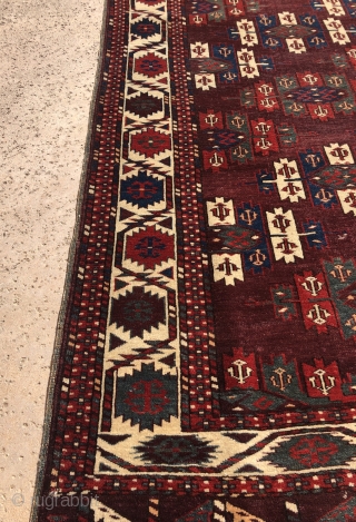 Yomut main carpet of excellent color , quality, age and condition . Has one patch repair in the middle .             