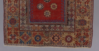 An Early Mujur prayer rug ca. 1800.  Great colors. Classic design. Beat up with scattered repairs, but still beautiful and desirable. Priced accordingly. 5'7" x 4'.      