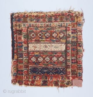 Shahsavan? Soumak bagface. I believe this is a rare and early piece. 1'7" x 1'6".  Foundation is wool and cotton. The whites are in cotton. All original except for some small  ...