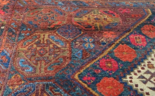 Spectacular baluch long rug with Khamseh inspired diamond field design. The colors on this one are simply dazzling.  Jam-packed with beautiful and well drawn design elements all the while retaining a  ...