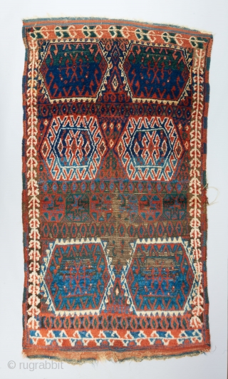 East Anatolian Kurdish rug. All original. Mostly high pile with one area worn to the foundation as visible. Fiery orange and electric blue. Great wool. An authentic village weaving. 6'4" x 3'7".  ...