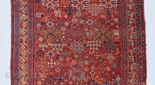 A rare and beautiful Khamseh rug. A cornucopia of tribal iconography including a  formation of mother and child bird motifs at the top . 7'5" x 4'7". 

Please visit our website  ...