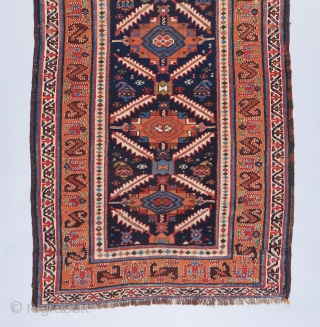 Kurdish or Shahsavan runner. Excellent color and quality. Just a sweet thing. Very good condition with just a bit of old repair in one very small area. 7'7" x 3'2"   