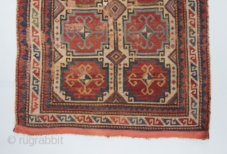 Moghan Kazak with very good age and presence. Prob mid 19th. 5'4" x 3'8". Condition issues as visible.               