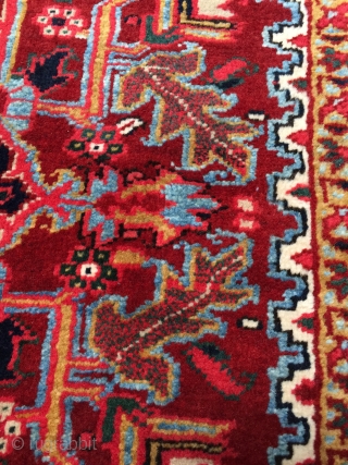 Small superb quality Heriz rug circa 1930. Size: 5'0" x 6'2". Clear jewel colors, soft glossy wool, fine weave, and a supple handle. Perfect condition with thick full pile over the entire  ...