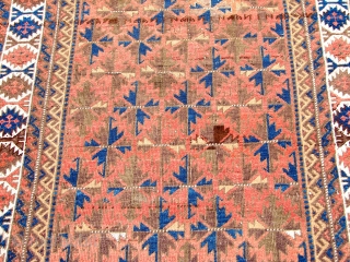 Old  Beluch 
Old Beluch Rug Circa 1900 and seiz is  38"x71"
THIS RUG HAS A NICE ABRUSH IN MIDDLE FELID.Excellent condition All natural 
        