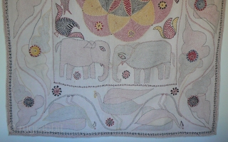 Antique Indian Kantha Embroidery Quilt from the West Bengal region of India or Bangladesh. 63 x 43 inches. This is a wonderful, large, and lively quilt, heavily embroidered, in great condition, with  ...