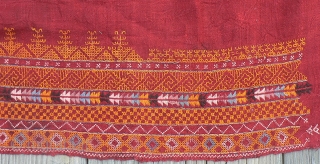 Antique Indian Embroidered Wedding Shawl or “odhni” from the Thar Desert region near Jaisalmer in Rajasthan. Approximately 78 x 48 inches. The background cloth is 2 strips of brick red handloomed wool  ...