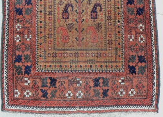 Beautiful and Interesting Baluch Prayer Rug. 72 x 36 inches. Hands, botehs, figures and more. Nice borders. Medium to low pile throughout.           