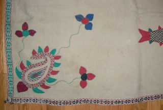 Beautiful Extra Large Antique Kantha Quilt. From the West Bengal region of India. 84 x 61 inches. Gorgeous, with fish, flowers and botehs in the corners. For all of the newly acquired  ...