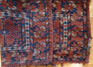 Antique Central Asian torba. Ersari Beshir? Uzbek? 34 x 16 inches. Low  pile. 
In situ repair along one edge approx. 2 x 1 inch. Asymmetric open right knotting. See www.banjaratextiles.com for  ...