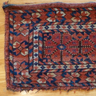 Antique Central Asian torba. Ersari Beshir? Uzbek? 34 x 16 inches. Low  pile. 
In situ repair along one edge approx. 2 x 1 inch. Asymmetric open right knotting. See www.banjaratextiles.com for  ...