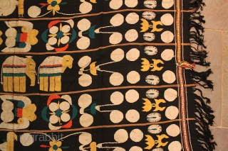 Antique Naga Man’s Shawl from Manipur region India. 72 x 48 inches. The textile is handloomed cotton with a black, red, yellow and ivory strips. The weave has a tight fine weave  ...