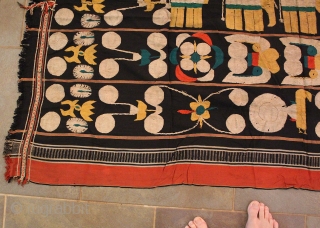 Antique Naga Man’s Shawl from Manipur region India. 72 x 48 inches. The textile is handloomed cotton with a black, red, yellow and ivory strips. The weave has a tight fine weave  ...