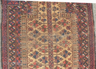 Antique Baluch Prayer Rug. 31 x 45 inches. 19th Century. See Michael Craycraft's "Belouch Prayer Rugs," plate 24 page 58 for a similar example. Low even pile and wear. See more textiles  ...