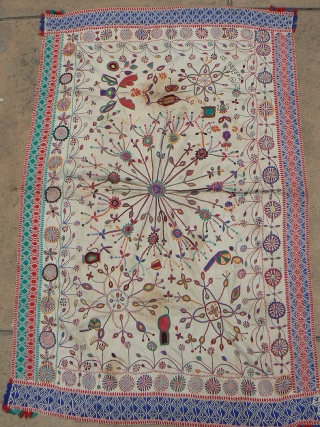 Antique Indian Kantha Embroidery Quilt. From the West Bengal region of India. 59 x 39 inches. Wonderful, kinetic design in good condition. Pinwheels, flowers, cannon, Bengali inscription (unknown translation). Nice, colorful running  ...