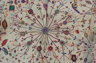 Antique Indian Kantha Embroidery Quilt. From the West Bengal region of India. 59 x 39 inches. Wonderful, kinetic design in good condition. Pinwheels, flowers, cannon, Bengali inscription (unknown translation). Nice, colorful running  ...