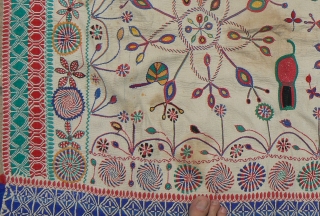 Antique Indian Kantha Embroidery Quilt. From the West Bengal region of India. 59 x 39 inches. Wonderful, kinetic design in good condition. Pinwheels, flowers, cannon, Bengali inscription (unknown translation). Nice, colorful running  ...